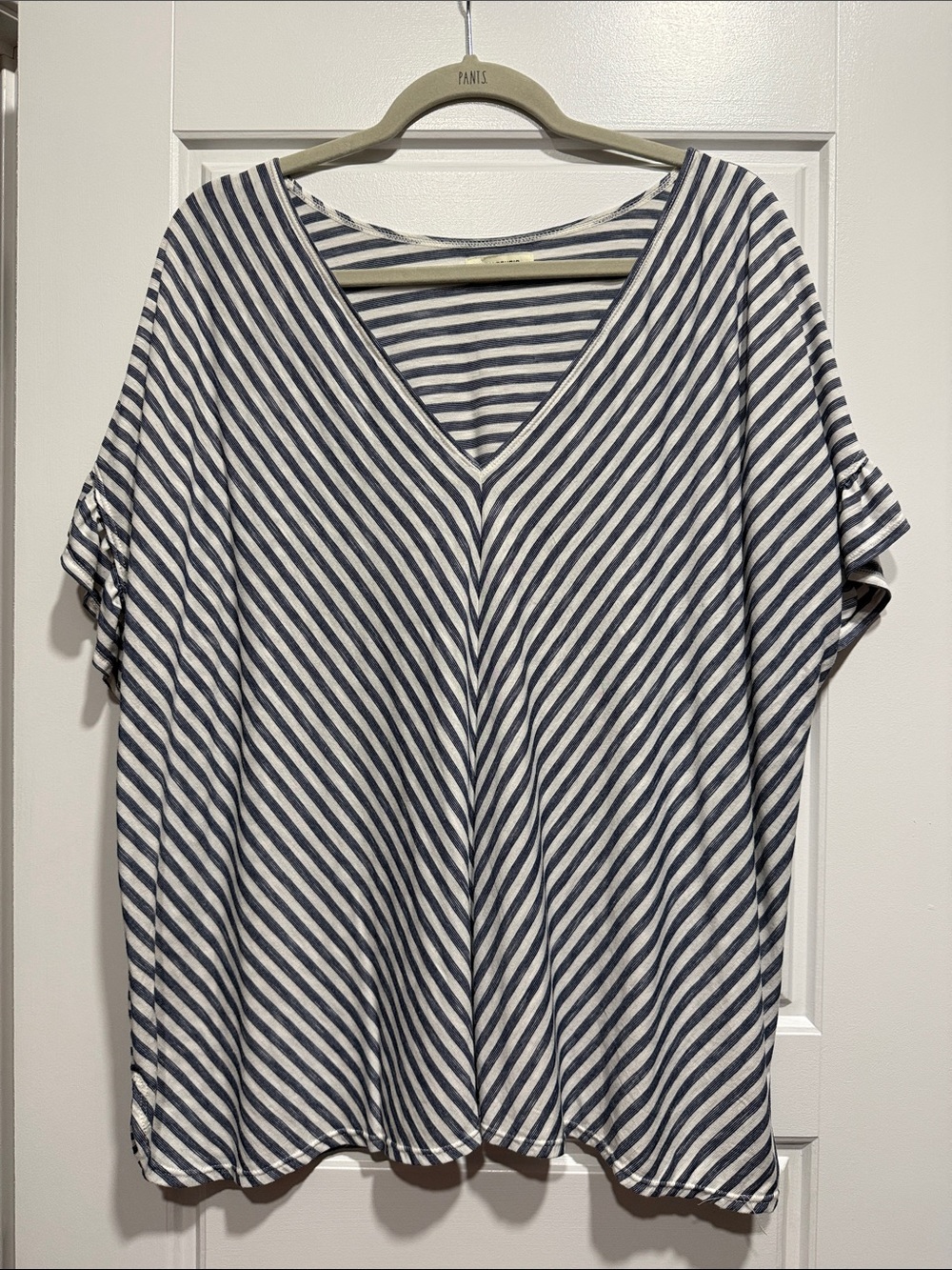 Max Studio Navy and White Striped V-Neck Tee